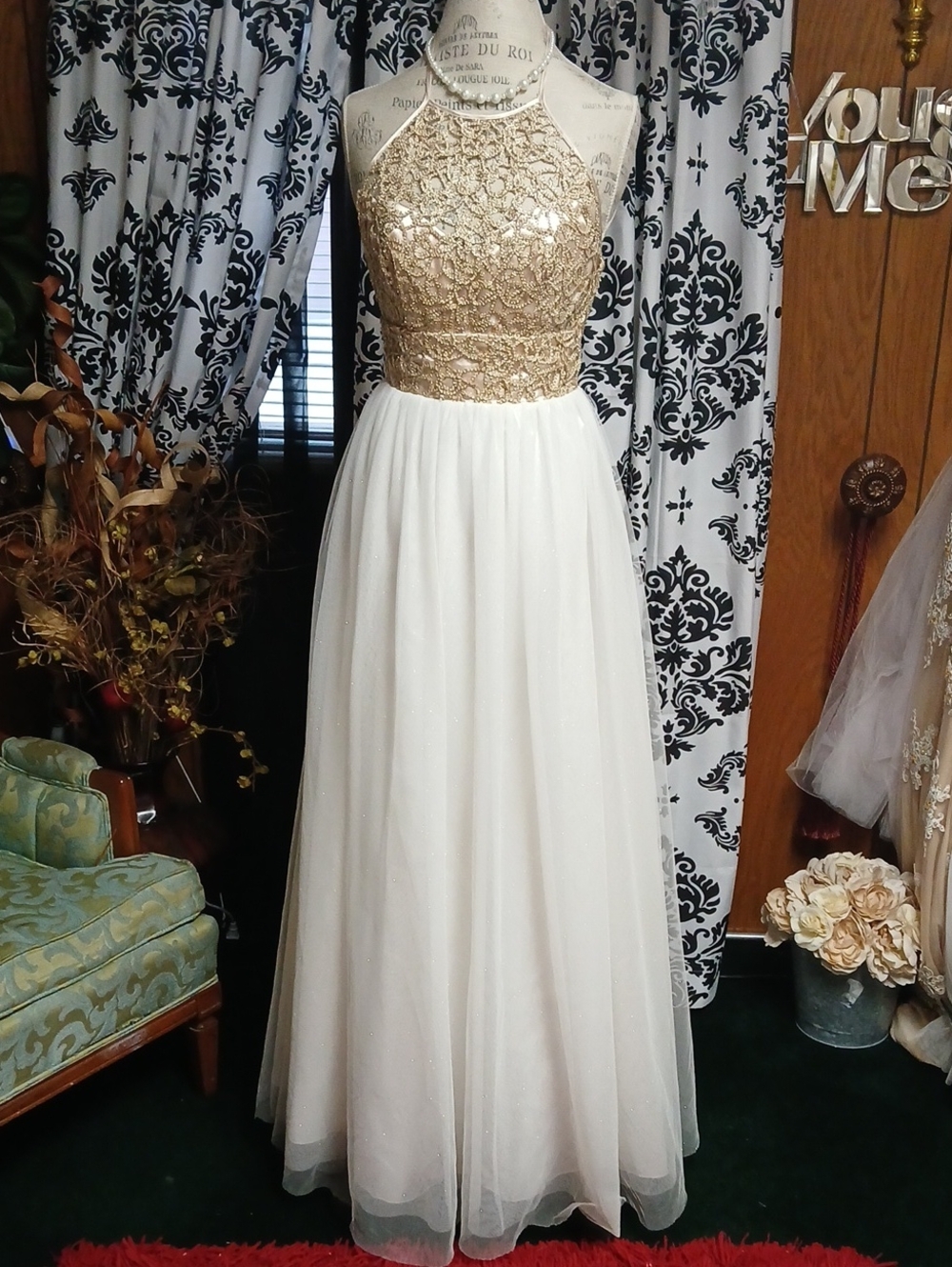 B Darlin Gold Embroidered Halter Gown with White Skirt